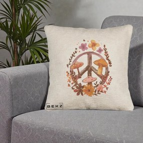 Perna Decorativa Peace Sign Ciuperci Floral, 40x40 cm, Bej Canapea, Husa Detasabila, Perna Inclusa, BEKZ®