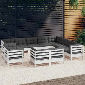 3096948 vidaXL Set mobilier grădină cu perne, 12 piese, alb, lemn masiv pin