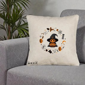 Perna Decorativa Halloween Dovleac Vrajitor Boo cu Simboluri, 40x40 cm, Bej Canapea, Husa Detasabila, Perna Inclusa, BEKZ®