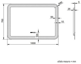 Oglinda baie, sistem iluminare LED, IP44, 100x70cm, D4230, Dezaburire, Touch, Ceas