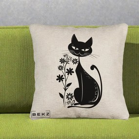 Perna Decorativa Pisica Neagra Grafica Minimalista, 40x40 cm, Bej Canapea, Husa Detasabila, Perna Inclusa, BEKZ®