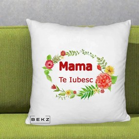 Cadou pentru Mama - Perna Personalizata Mama Te Iubesc Flori Rosii, 40x40 cm, Alb Pufos, Husa Detasabila, Perna Inclusa, BEKZ®