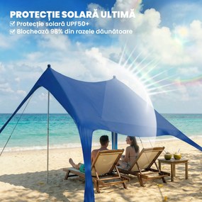 Outsunny Cort de Plajă pentru 2-4 Persoane, Covoraș, Lopată, Protecție Solară UPF50+, Albastru | Aosom Romania