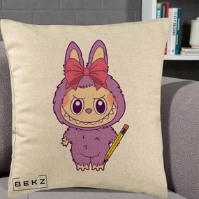 Perna Personalizata Labubu Mov cu Funda Rosie si Creion, 40x40 cm, Bej, Husa Detasabila, Perna Inclusa, BEKZ®