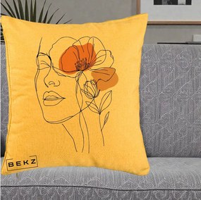 Perna Decorativa Portret Feminin Mac Profilat, 40x40 cm, Galben, Husa Detasabila, Perna Inclusa, BEKZ®