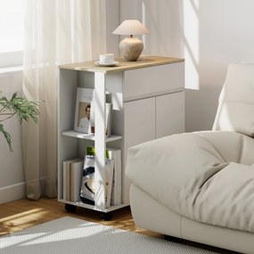 HOMCOM Cărucior Bucătărie, Insulă Bucătărie cu Sertar, Dulap, 2 Rafturi Laterale și Rafturi Reglabile, Cărucior Multifuncțional din Lemn, 78x39,5x88,5 cm, Alb și Stejar | Aosom Romania
