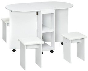 Set de masa pliabil pentru 4 persoane, cu 5 piese, scaune de sufragerie tapitate, cu rafturi de depozitare si 6 roti, alb HOMCOM | Aosom RO
