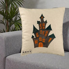 Perna Decorativa Halloween Casa Bantuita Minimalista, 40x40 cm, Bej, Husa Detasabila, Perna Inclusa, BEKZ®