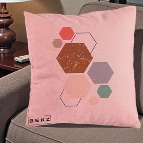 Perna Decorativa Geometric Hexagoane Multicolor, 40x40 cm, Roz, Husa Detasabila, Perna Inclusa, BEKZ®