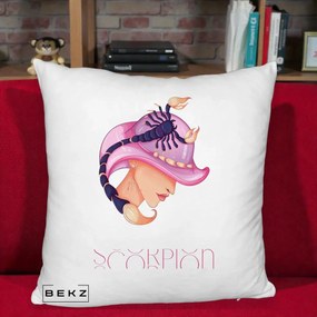Perna Personalizata Zodiac Scorpion Cowgirl, 40x40 cm, Alb Pufos, Husa Detasabila, Perna Inclusa, BEKZ®
