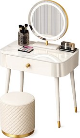 Set VICTORIA GLAM – Set Masă de Machiaj cu Oglindă LED și Taburet, Accente Aurii și Blat cu efect marmură, Alb