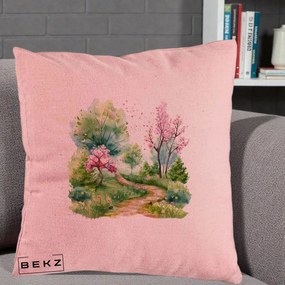 Perna Decorativa Gradina Primavara Acuarela, 40x40 cm, Roz, Husa Detasabila, Perna Inclusa, BEKZ®