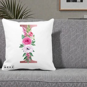 Cadou Personalizat - Perna Personalizata Monograma Rose Gold Litera I, 40x40 cm, Alba Mata, Husa Detasabila, Perna Inclusa, BEKZ®