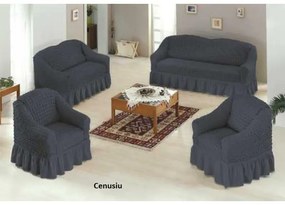 Set huse elastice si creponate pentru canapea 3 locuri, canapea 2 locuri si 2 fotolii, cu volanas, Cenusiu