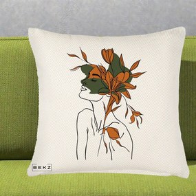 Perna Decorativa Portret Feminin Crin Auriu, 40x40 cm, Crem Reliefat, Husa Detasabila, Perna Inclusa, BEKZ®