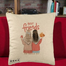 Cadou pentru Prieteni - Perna Personalizata Best Friends Toamna, 40x40 cm, Bej, Husa Detasabila, Perna Inclusa, BEKZ®