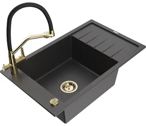 Mexen Elias chiuvetă de granit cu 1 compartiment, cu scurgător și baterie de bucătărie Duo, negru cu pete - 6511-76-671701-57-G