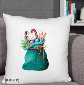 Perna Decorativa Saculet Cadouri Mos Craciun Acuarela Verde, 40x40 cm, Alb Pufos, Husa Detasabila, Perna Inclusa, BEKZ®
