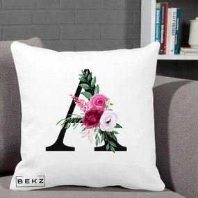 Cadou Personalizat - Perna Personalizata Monograma Florala Litera A, 40x40 cm, Alba Mata, Husa Detasabila, Perna Inclusa, BEKZ®