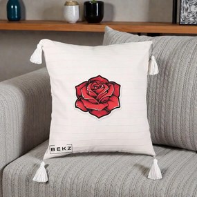 Perna Decorativa Trandafir Rosu Tattoo, 40x40 cm, Bej cu Franjuri, Husa Detasabila, Perna Inclusa, BEKZ®