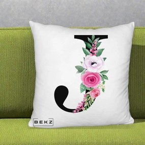 Cadou Personalizat - Perna Personalizata Monograma Florala Litera J, 40x40 cm, Alb Pufos, Husa Detasabila, Perna Inclusa, BEKZ®