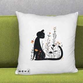 Perna Decorativa Pisica Neagra Flori Portocalii Silueta, 40x40 cm, Alb Pufos, Husa Detasabila, Perna Inclusa, BEKZ®