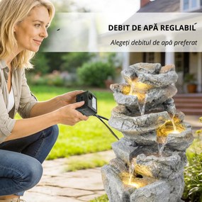 Outsunny Fântână de exterior cu design de rocă în 6 niveluri, cascadă de apă cu lumini LED, debit reglabil, gri | Aosom Romania