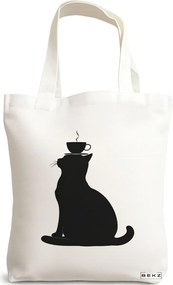 Sacosa de Panza pentru Cumparaturi, Geanta Tote, model Caffeine Cat 18 38 x 34.5 cm, Alba, BEKZ®