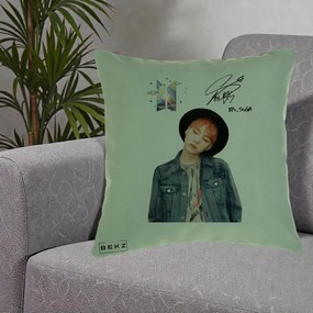 Perna Personalizata K-pop BTS Suga par Portocaliu Palarie Autograf, 40x40 cm, Verde, Husa Detasabila, Perna Inclusa, BEKZ®