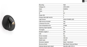 Aplica cu reader LED directionabil stil minimalist TIMIT USB C negru