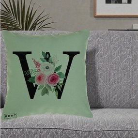 Cadou Personalizat - Perna Personalizata Monograma Florala Litera W cu Trandafiri si Anemona, 40x40 cm, Verde, Husa Detasabila, Perna Inclusa, BEKZ®