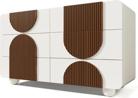 Comodă cu 6 sertare, cu șipci din lemn de culoare ciocolată și picioare sferice din lemn masiv, albe, 121x41x71 cm, Alb