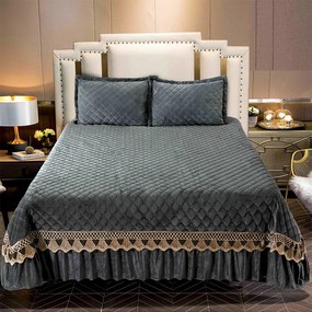 Cuvertură catifea matlasată cu broderie, gri închis, 3 piese, 220x240 cm, CC73