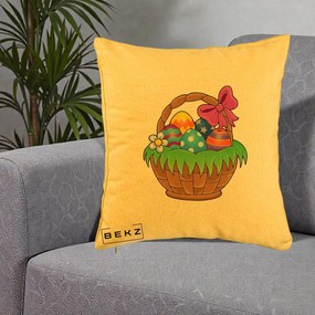 Perna Decorativa Cos cu Oua de Pasti Colorat, 40x40 cm, Galben, Husa Detasabila, Perna Inclusa, BEKZ®