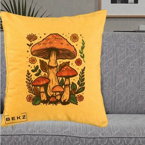 Perna Decorativa Ciuperci Vintage Floral, 40x40 cm, Galben, Husa Detasabila, Perna Inclusa, BEKZ®