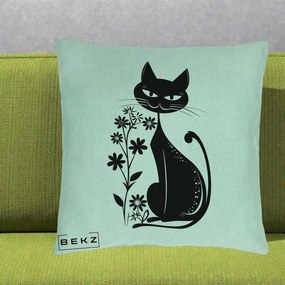 Perna Decorativa Pisica Neagra Grafica Minimalista, 40x40 cm, Verde Menta, Husa Detasabila, Perna Inclusa, BEKZ®