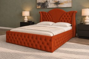 Pat tapițat Chesterfield din catifea Velora Deluxe Classic 160×200 cm, cărămiziu, cu ladă de depozitare