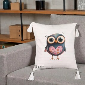 Perna Decorativa Bufnita cu Inimioare Roz, 40x40 cm, Bej cu Franjuri, Husa Detasabila, Perna Inclusa, BEKZ®