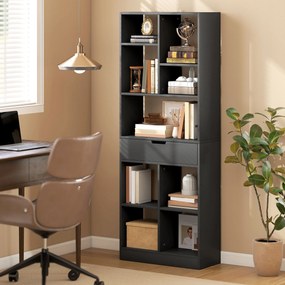 HOMCOM Bibliotecă Modernă din Lemn cu Sertar Central și Kit Antirăsturnare, 60x26x158 cm, Negru | Aosom Romania