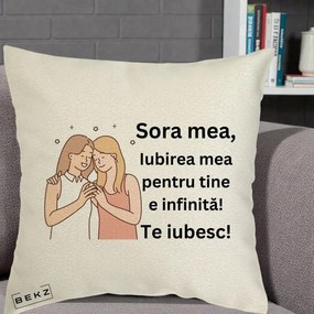 Cadou pentru Sora - Perna Personalizata Sora Mea Te Iubesc Imbratisare cu Sclipiri, 40x40 cm, Ecru, Husa Detasabila, Perna Inclusa, BEKZ®