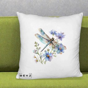 Perna Decorativa Libelula Acuarela Flori Albastre, 40x40 cm, Alb Pufos, Husa Detasabila, Perna Inclusa, BEKZ®