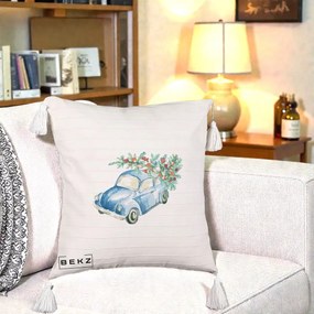 Perna Decorativa Masinuta Albastra cu Brad de Craciun, 40x40 cm, Bej cu Franjuri, Husa Detasabila, Perna Inclusa, BEKZ®