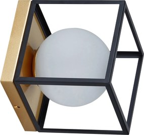 Aplică perete Klausen Fence AP1 Urban 18x18x21cm, design modern metal negru auriu, sticlă alb opal, soclu E27 15W, iluminat interior sofisticat