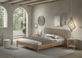 Pat dublu OLIVE, 180 x 200 cm, cu tăblie cu lamele rotunjite și aspect lemn de stejar, design modern, fără somieră inclusă, cu noptieră cu două