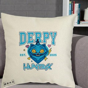 Perna Personalizata K-pop HUNTRX Derpy Pisica Albastra, 40x40 cm, Ecru, Husa Detasabila, Perna Inclusa, BEKZ®