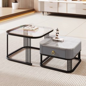 Set de 2 Măsuțe de Cafea Suprapozabile cu Blat din Marmură Lucioasă și Sticlă, Structură din Metal și Sertare, 60x60x42 cm + 50x50x34 cm, Negru