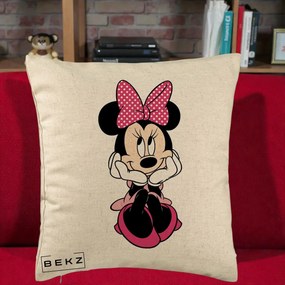 Perna Personalizata Minnie Mouse cu Fundita, 40x40 cm, Bej, Husa Detasabila, Perna Inclusa, BEKZ®