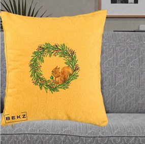 Perna Decorativa Coroana Turcoaz cu Veverita, 40x40 cm, Galben, Husa Detasabila, Perna Inclusa, BEKZ®