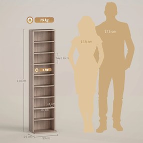 HOMCOM Raft pentru CD-uri cu 6 Rafturi Ajustabile, Capacitate 260 CD-uri/120 DVD-uri, 33x24x140 cm, Lemn Natural | Aosom Romania