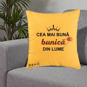 Cadou pentru Bunica - Perna Personalizata Cea Mai Buna Bunica Din Lume Coroana Mov Floare Roz, 40x40 cm, Galben, Husa Detasabila, Perna Inclusa, BEKZ®